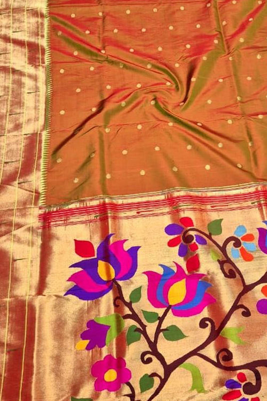 Elegant Orange Pure Silk Paithani Handloom Triple Muniya Border Flower Design Saree - Luxurion World