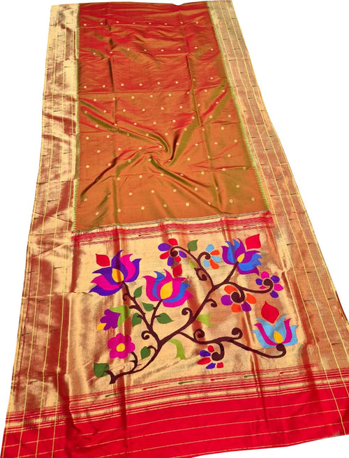Elegant Orange Pure Silk Paithani Handloom Triple Muniya Border Flower Design Saree - Luxurion World