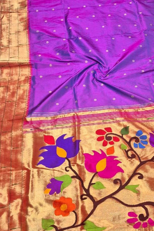 Elegant Purple Pure Silk Paithani Handloom Triple Muniya Border Flower Design Saree - Luxurion World