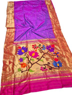 Elegant Purple Pure Silk Paithani Handloom Triple Muniya Border Flower Design Saree - Luxurion World