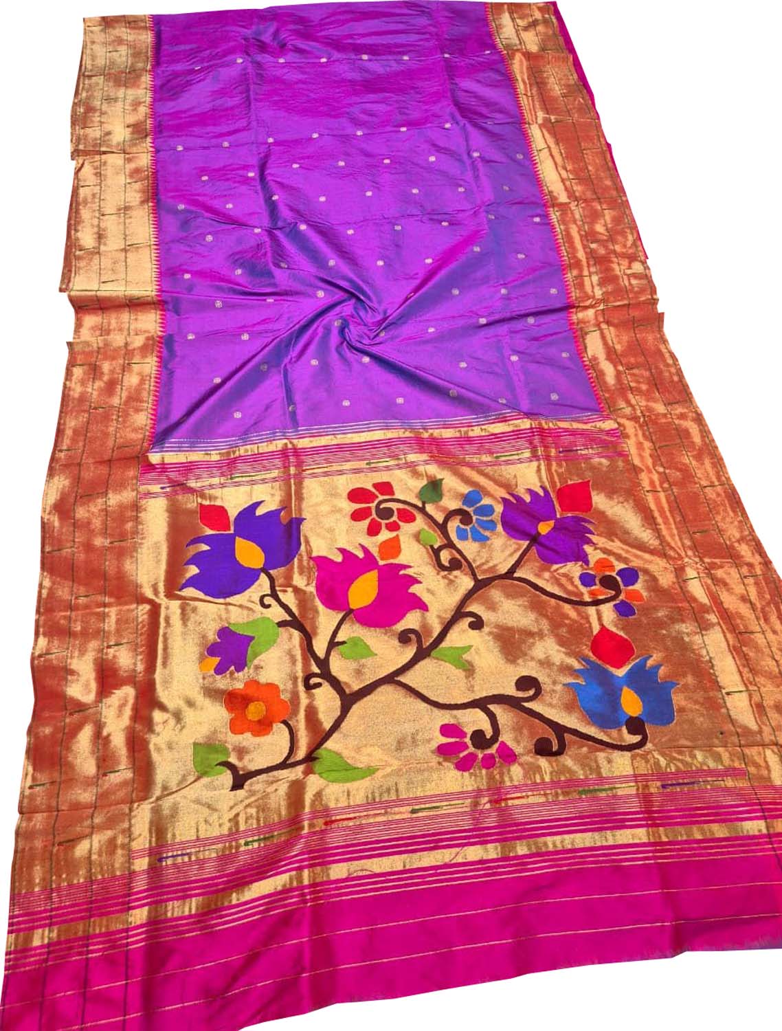 Elegant Purple Pure Silk Paithani Handloom Triple Muniya Border Flower Design Saree - Luxurion World