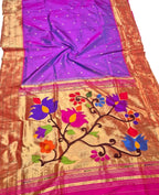 Elegant Purple Pure Silk Paithani Handloom Triple Muniya Border Flower Design Saree - Luxurion World