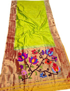 Green Pure Silk Paithani Handloom Triple Muniya Border Flower Design Saree - Luxurion World