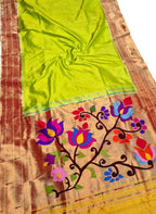 Green Pure Silk Paithani Handloom Triple Muniya Border Flower Design Saree - Luxurion World