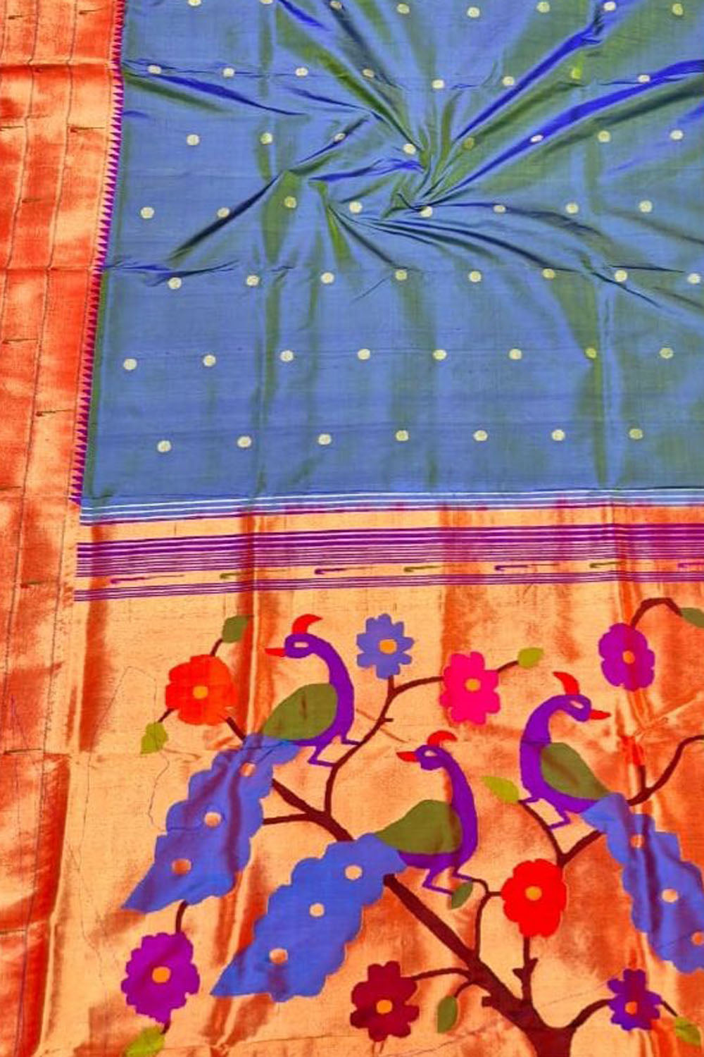 Blue Pure Silk Paithani Handloom Triple Muniya Border Peacock And Flower Design Saree - Luxurion World