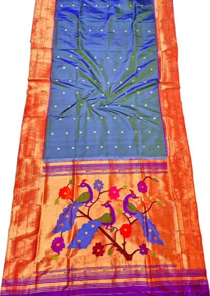 Blue Pure Silk Paithani Handloom Triple Muniya Border Peacock And Flower Design Saree - Luxurion World