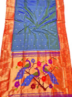 Blue Pure Silk Paithani Handloom Triple Muniya Border Peacock And Flower Design Saree - Luxurion World