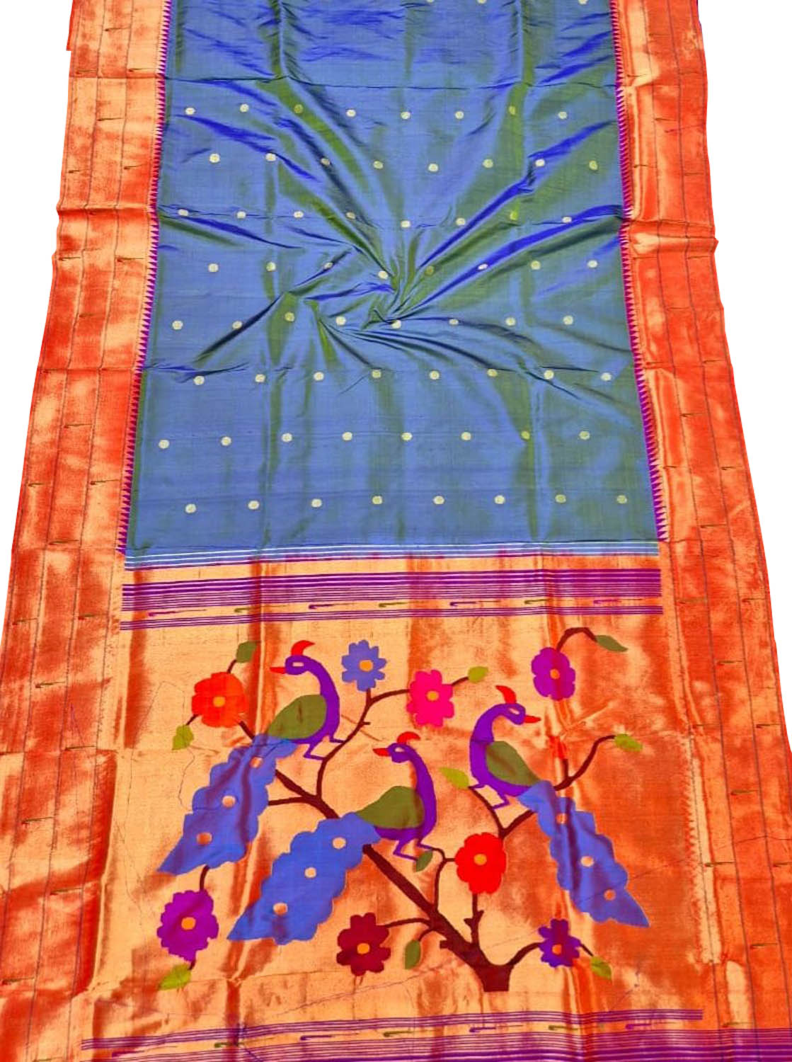 Blue Pure Silk Paithani Handloom Triple Muniya Border Peacock And Flower Design Saree - Luxurion World