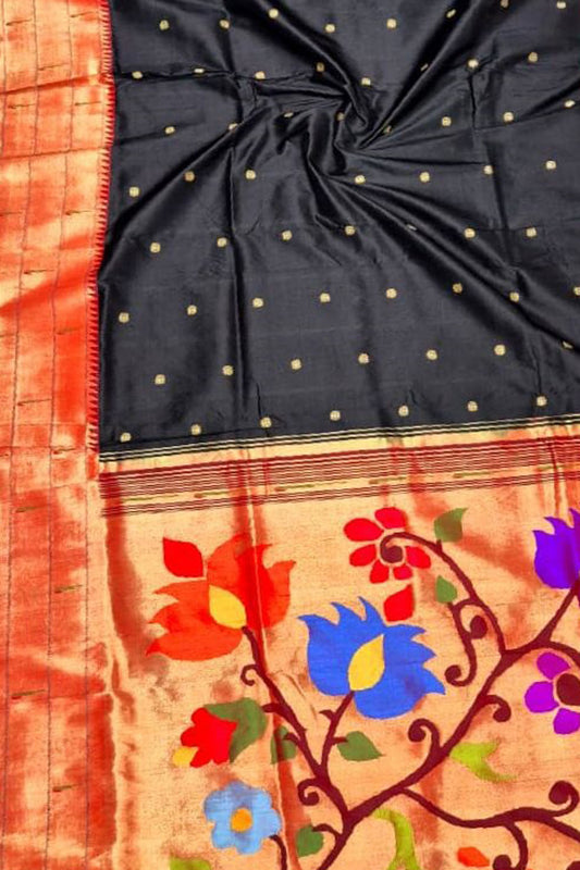 Elegant Black Pure Silk Paithani Handloom Triple Muniya Border Flower Design Saree - Luxurion World