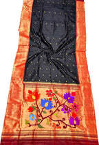 Elegant Black Pure Silk Paithani Handloom Triple Muniya Border Flower Design Saree - Luxurion World