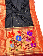 Elegant Black Pure Silk Paithani Handloom Triple Muniya Border Flower Design Saree - Luxurion World