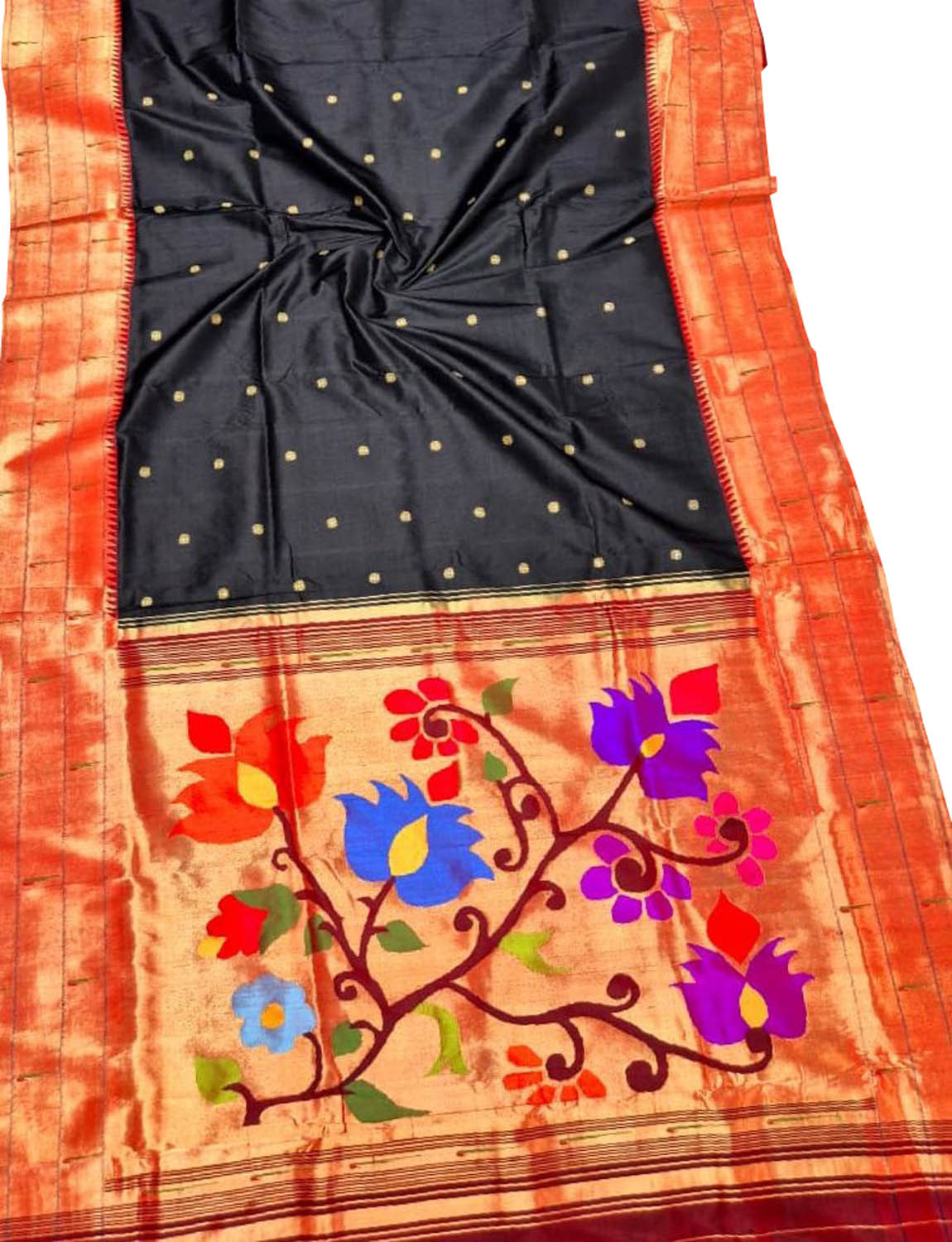 Elegant Black Pure Silk Paithani Handloom Triple Muniya Border Flower Design Saree - Luxurion World