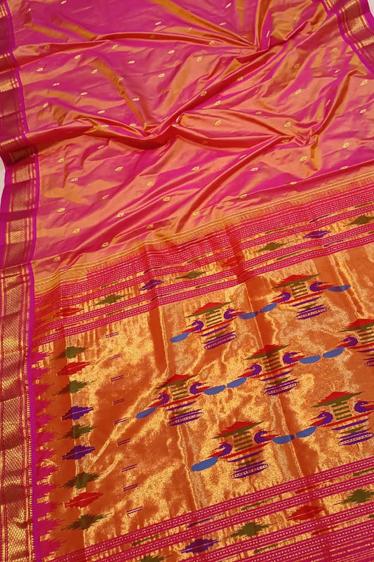 Pure Silk Orange Paithani Handloom Saree - Traditional Elegance - Luxurion World