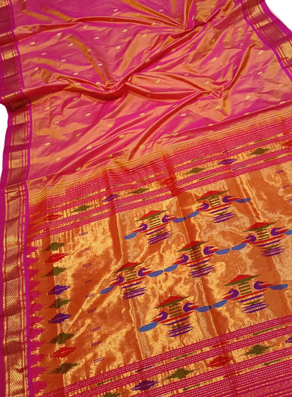 Pure Silk Orange Paithani Handloom Saree - Traditional Elegance