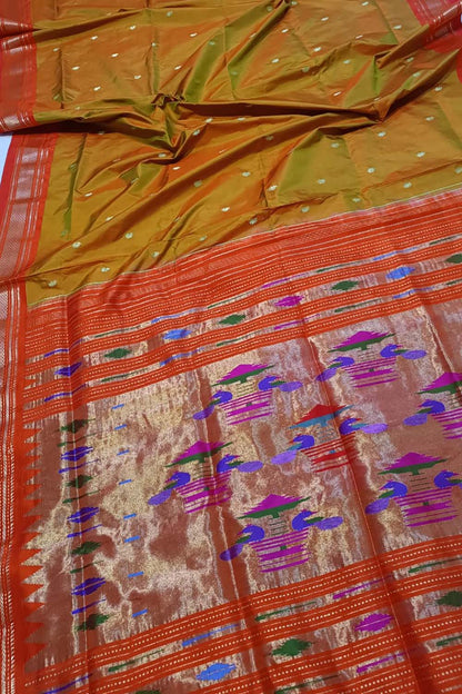 Stunning Yellow and Orange Paithani Pure Silk Saree - Handloom Beauty