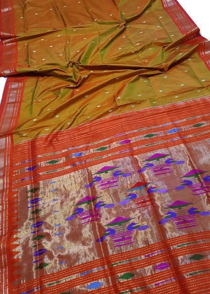 Stunning Yellow and Orange Paithani Pure Silk Saree - Handloom Beauty