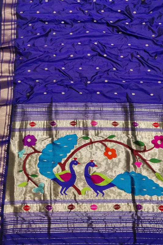 Pure Silk Blue Paithani Handloom Saree: Traditional Elegance - Luxurion World