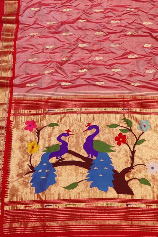 Pure Silk Red Paithani Handloom Saree: Traditional Elegance - Luxurion World