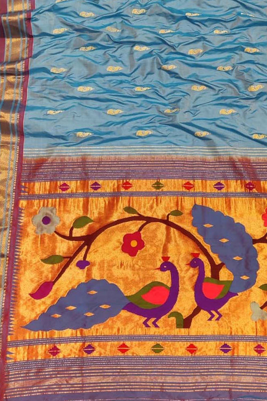 Pure Silk Blue Paithani Handloom Saree: Traditional Elegance - Luxurion World