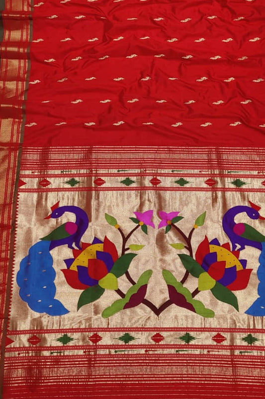 Pure Silk Red Paithani Handloom Saree: Traditional Elegance - Luxurion World