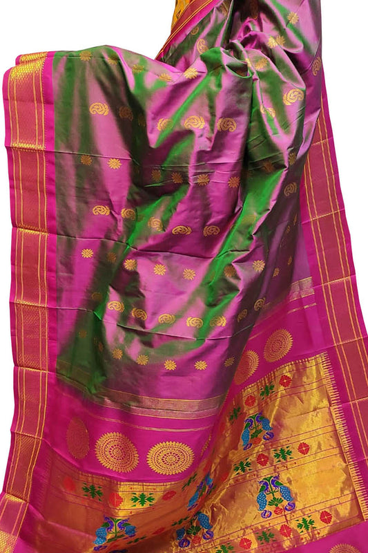 Stunning Pink and Green Handloom Paithani Pure Silk Saree - Perfect for Any Occasion! - Luxurion World