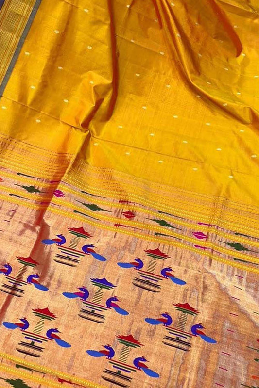 Pure Silk Yellow Handloom Paithani Saree with Maharani Pallu - Luxurion World