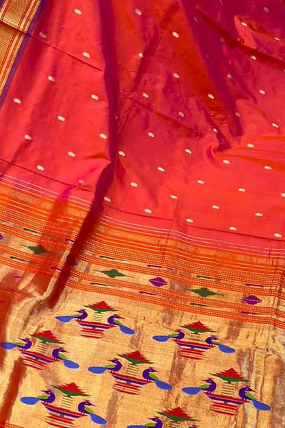 Maharani Pallu Orange Handloom Paithani Pure Silk Saree