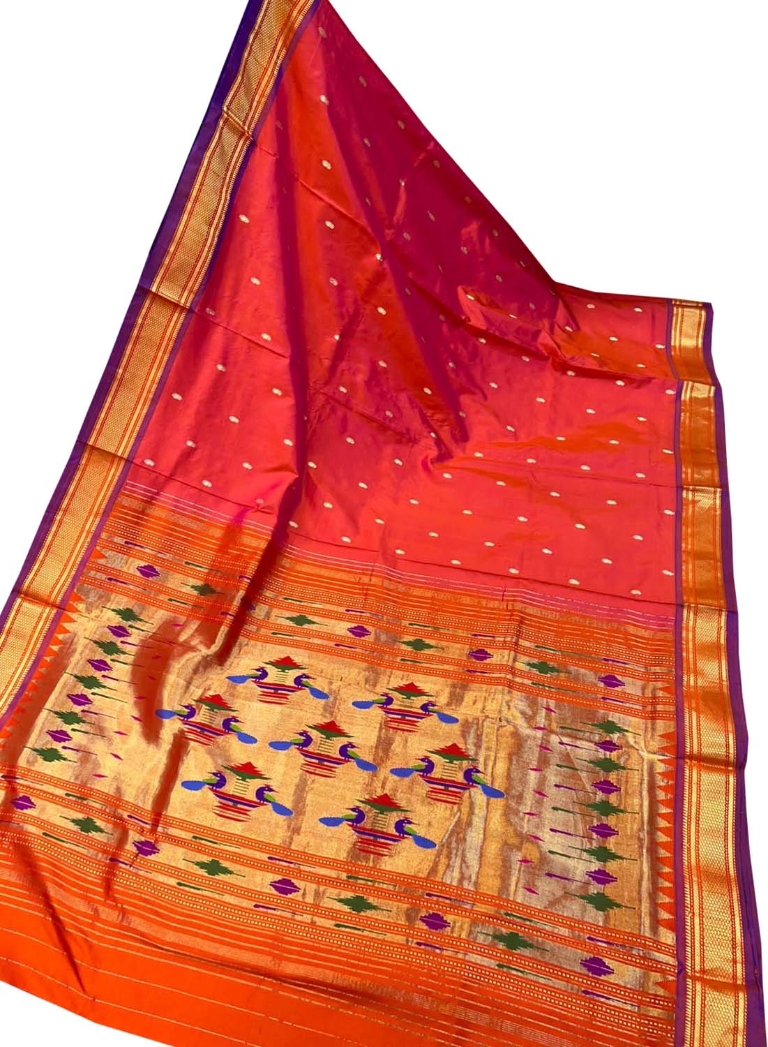 Maharani Pallu Orange Handloom Paithani Pure Silk Saree - Luxurion World