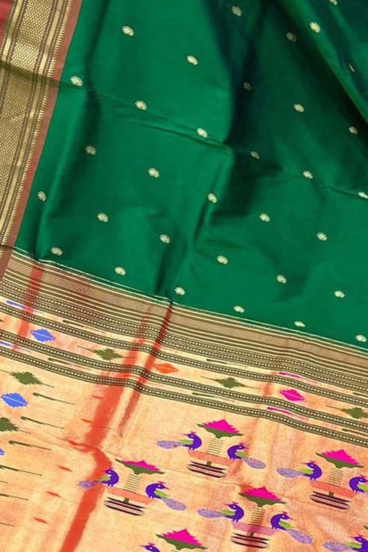Green Handloom Paithani Saree with Maharani Pallu in Pure Silk - Luxurion World