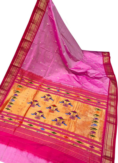 Pure Silk Pink Handloom Paithani Saree with Maharani Pallu - Elegant and Timeless