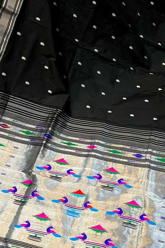 Exquisite Black Handloom Paithani Saree with Maharani Pallu in Pure Silk - Luxurion World