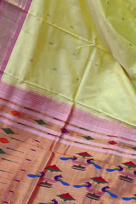 Pure Silk Yellow Handloom Paithani Saree with Maharani Pallu - Luxurion World
