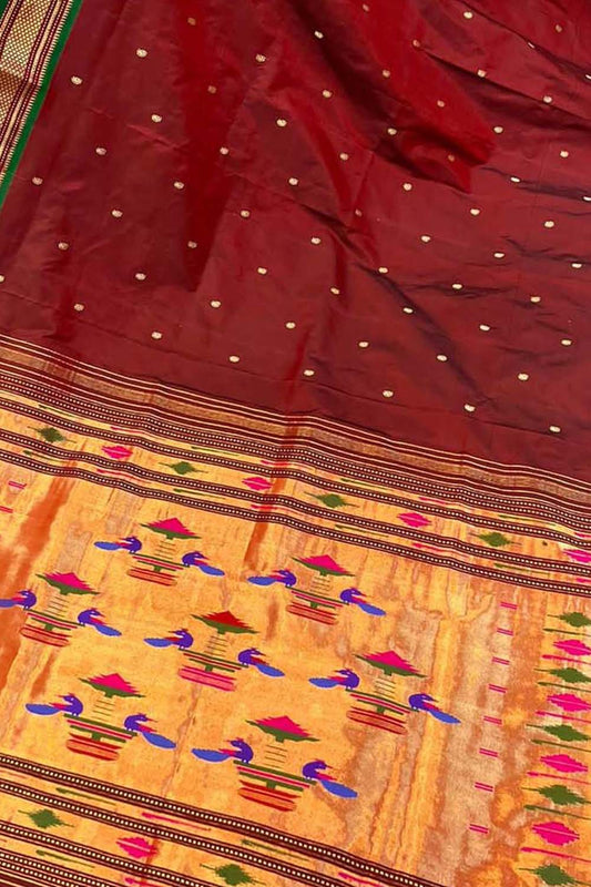 Exquisite Maroon Handloom Paithani Saree with Maharani Pallu in Pure Silk - Luxurion World