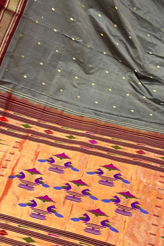 Exquisite Grey Handloom Paithani Saree with Maharani Pallu in Pure Silk - Luxurion World