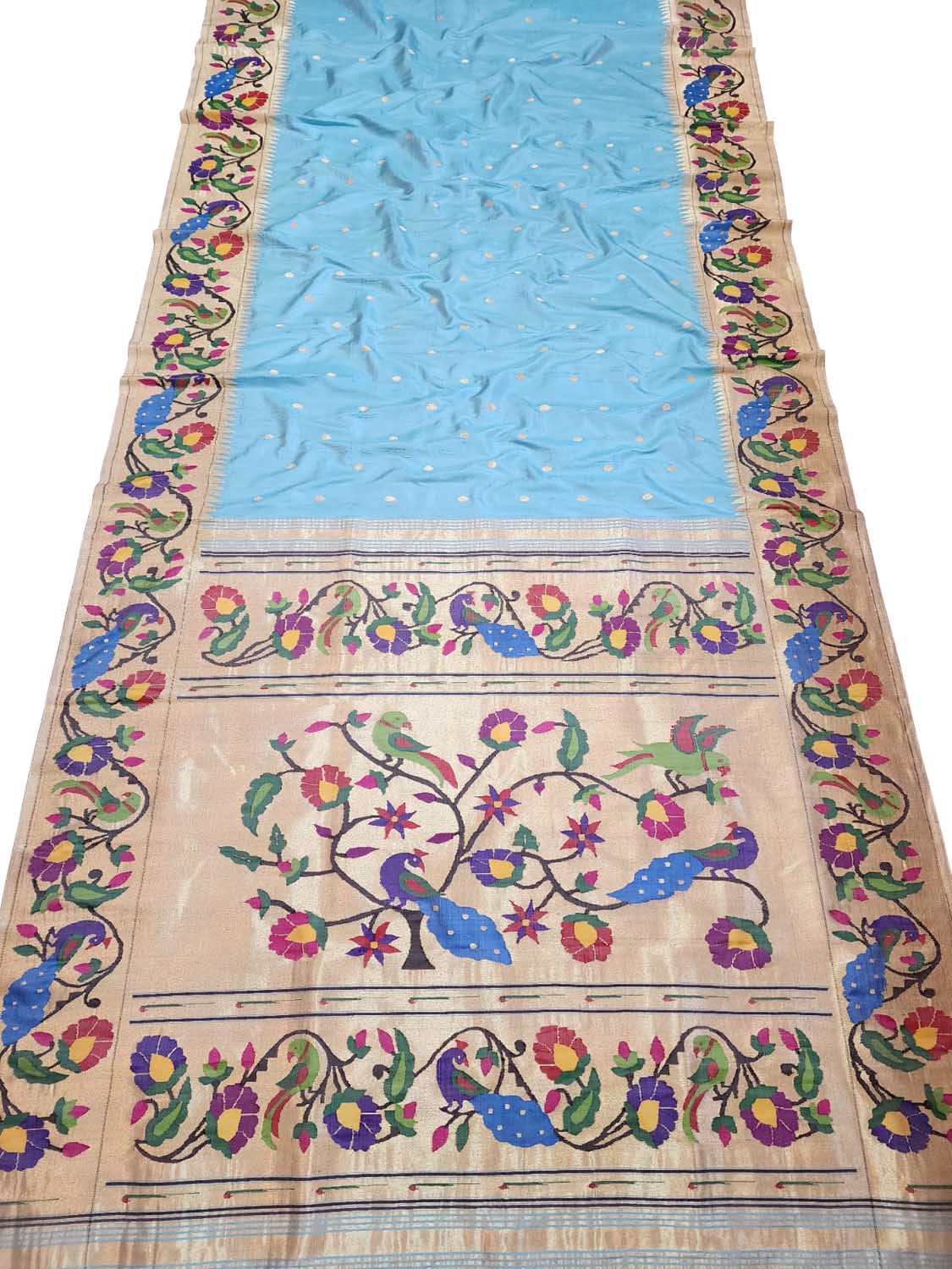 Blue Paithani Handloom Pure Silk Peacock And Parrot Design Saree - Luxurion World