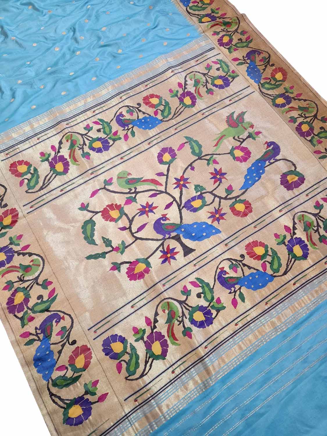Blue Paithani Handloom Pure Silk Peacock And Parrot Design Saree - Luxurion World