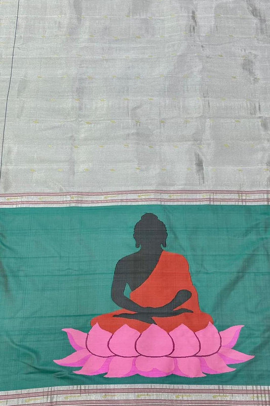 Silver Paithani Handloom Pure Silk Saree with Muniya Border - Luxurion World