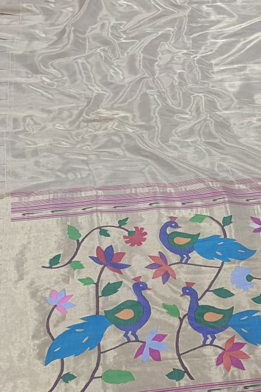 Exquisite Silver Paithani Handloom Silk Saree with Muniya Border - Luxurion World