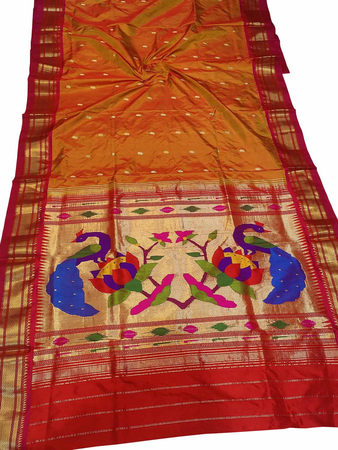 Exquisite Orange Paithani Pure Silk Saree Handloomed - Luxurion World