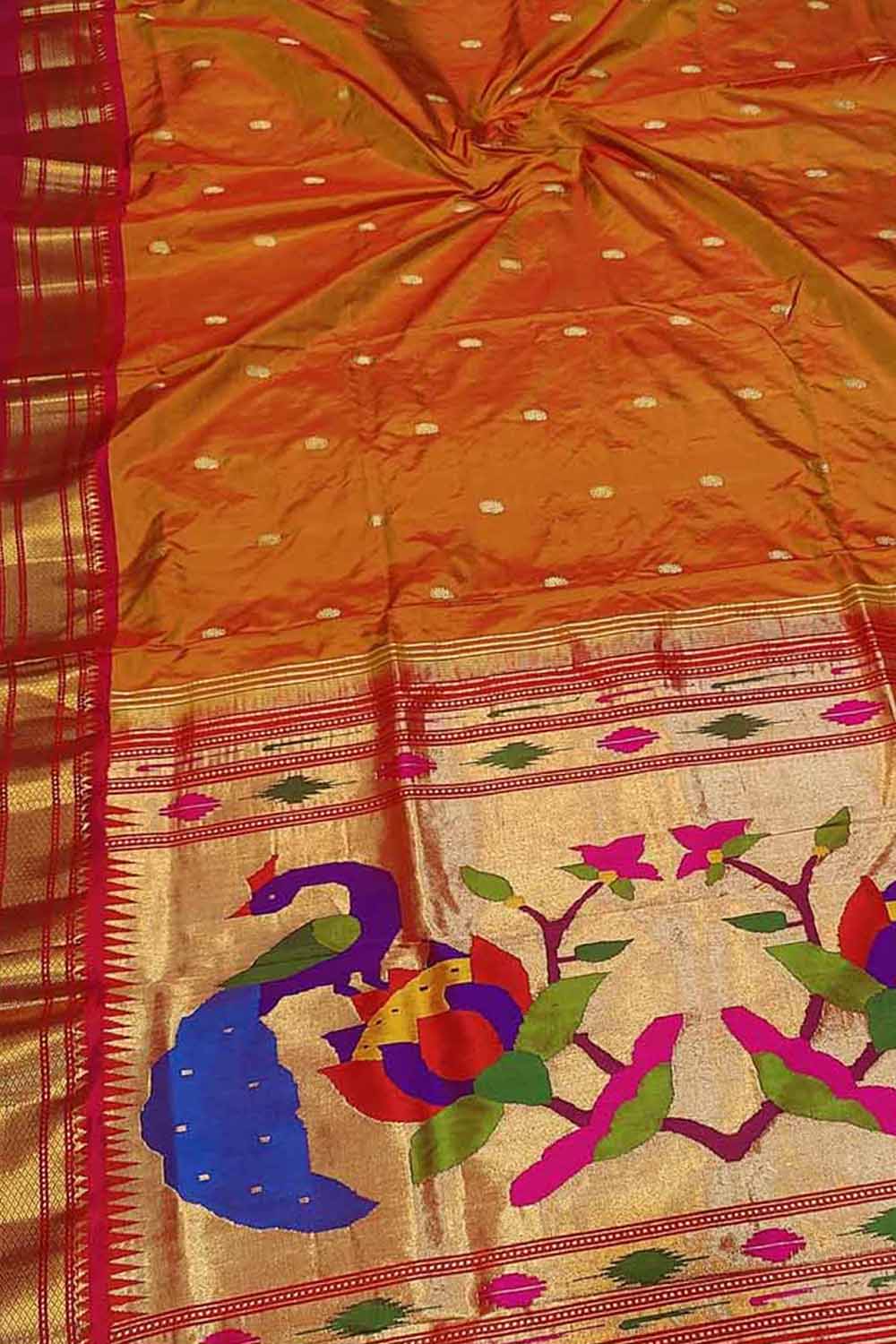 Exquisite Orange Paithani Pure Silk Saree Handloomed - Luxurion World