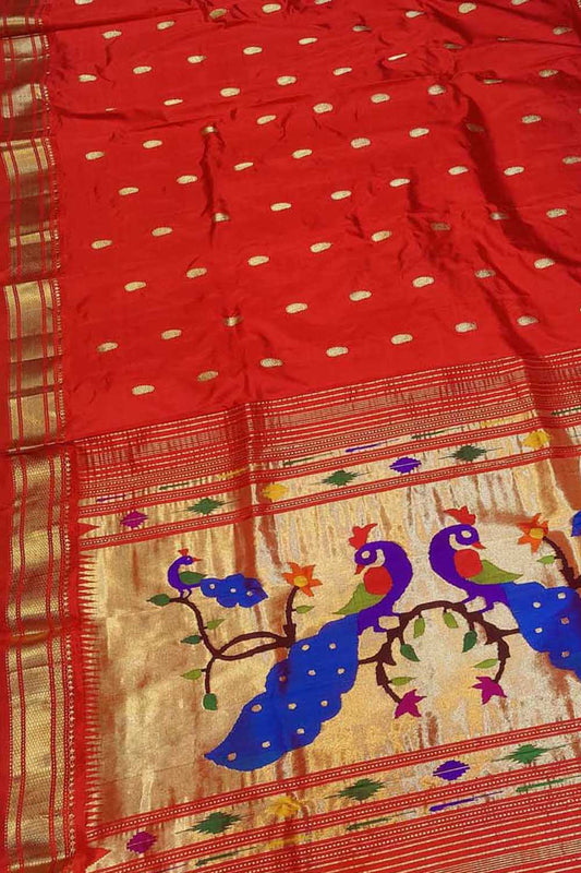 Exquisite Red Paithani Pure Silk Saree Handloomed - Luxurion World