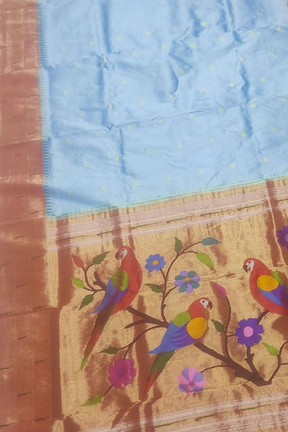 Blue Handloom Paithani Silk Saree with Triple Muniya Border - Luxurion World