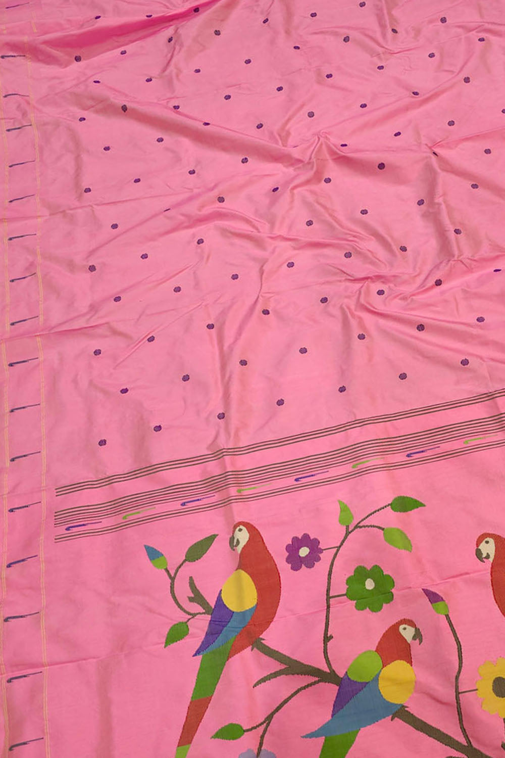 Pink Paithani Handloom Pure Silk Single Muniya Flower And Parrot Design Saree - Luxurion World