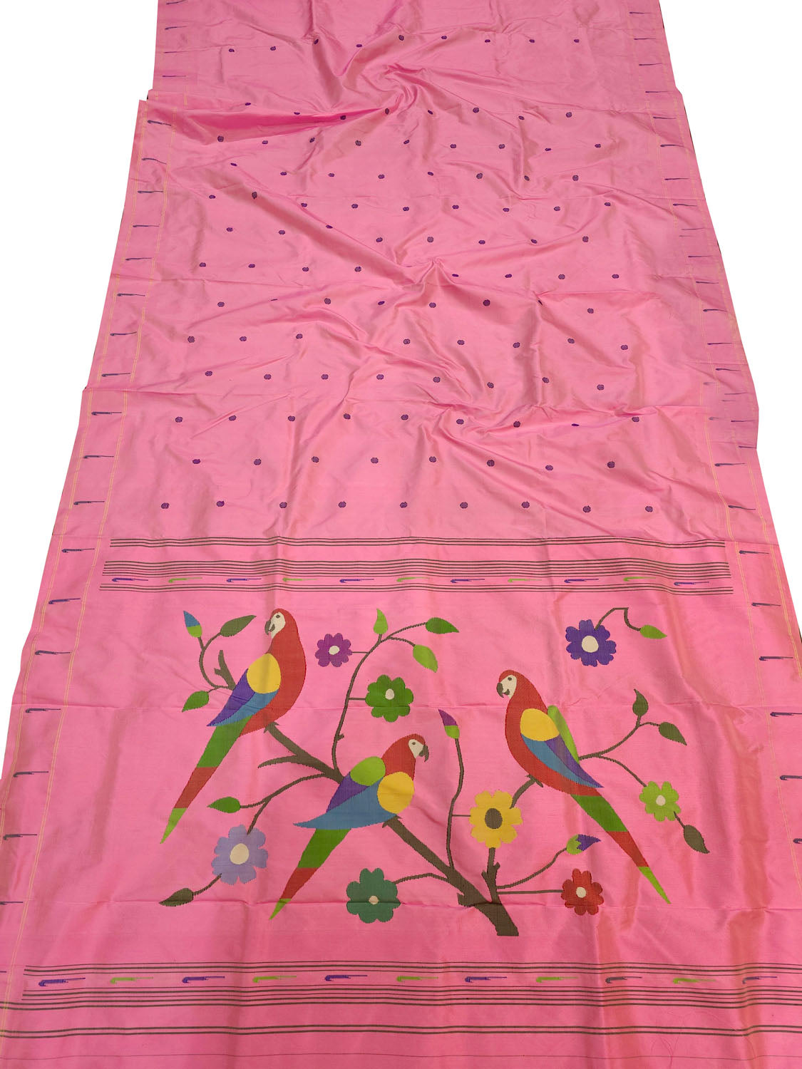 Pink Paithani Handloom Pure Silk Single Muniya Flower And Parrot Design Saree - Luxurion World