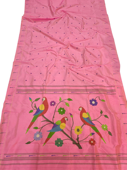 Pink Paithani Handloom Pure Silk Single Muniya Flower And Parrot Design Saree - Luxurion World