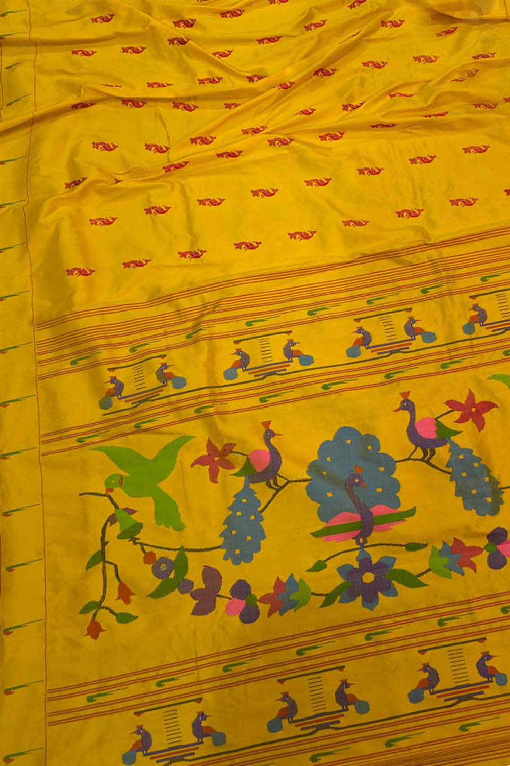 Yellow Paithani Handloom Pure Silk Single Muniya Peacock Design Saree - Luxurion World