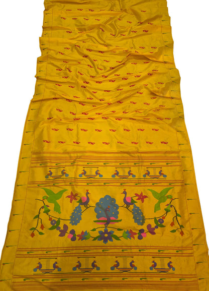 Yellow Paithani Handloom Pure Silk Single Muniya Peacock Design Saree - Luxurion World