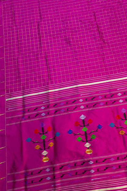 Pink Paithani Handloom Pure Silk Single Muniya Checks Design Saree - Luxurion World