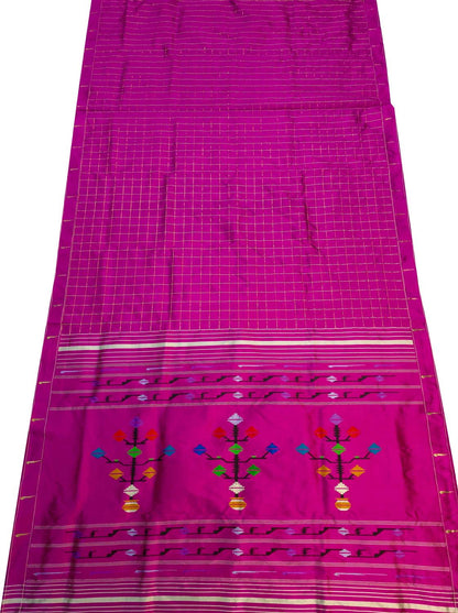 Pink Paithani Handloom Pure Silk Single Muniya Checks Design Saree - Luxurion World