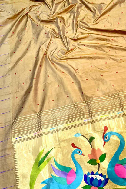 Golden Paithani Handloom Pure Silk Single Muniya Bird Design Saree - Luxurion World